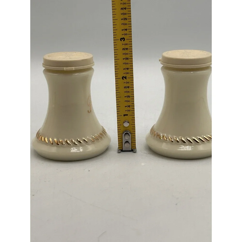 Wheatonware Custard Glass Salt & Pepper‎ Shakers With Lids Gold Trim
